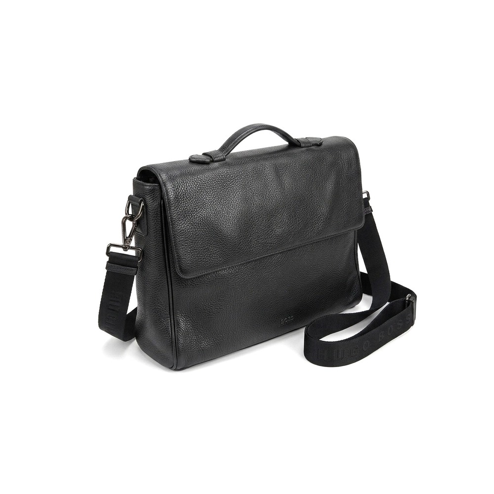 HUGO BOSS Pebbled Leather Laptop Messenger Bag Black Magnetic Gunmetal Hardware